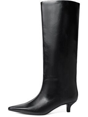 Women's Knee High Boots Kitten Heel Pointed Toe Pull On Tall Boots Pu Black